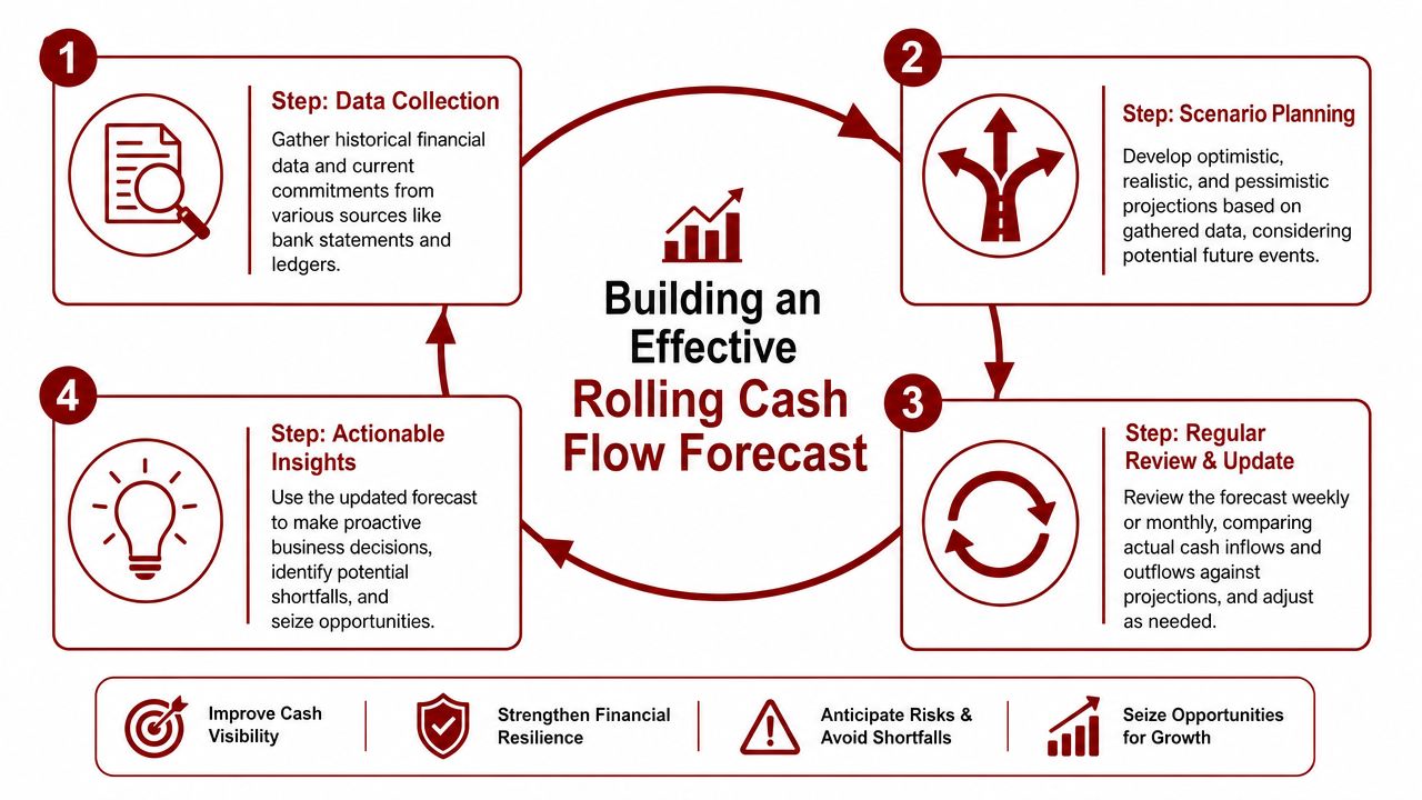 A diagram illustrating the four steps to build an effective rolling cash flow forecast for businesses.