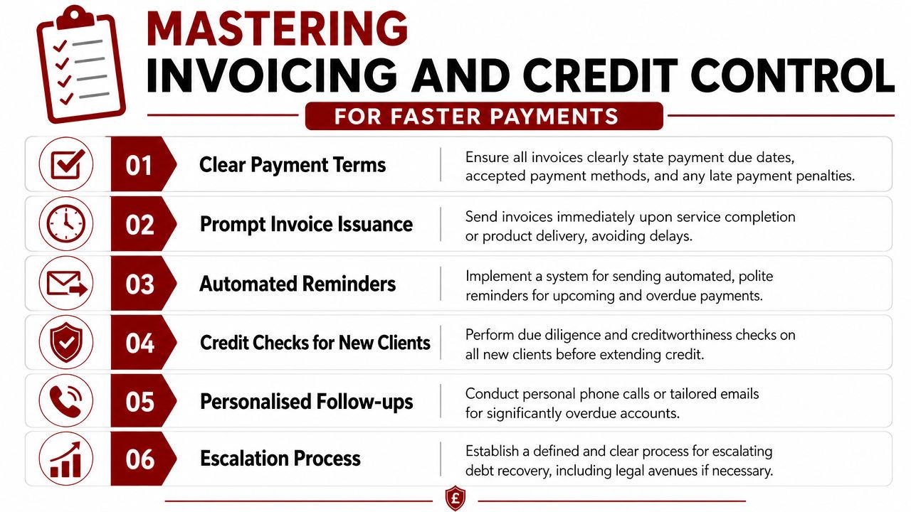 A professional infographic outlining six essential strategies for mastering business invoicing and effective credit control.