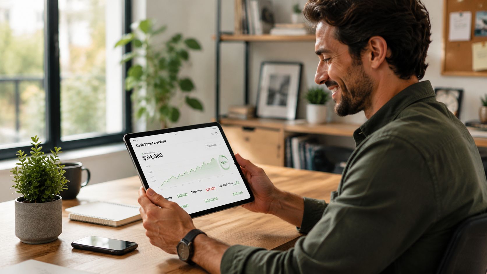 A smiling man holding a tablet showing a cash flow overview chart while sitting at his desk.