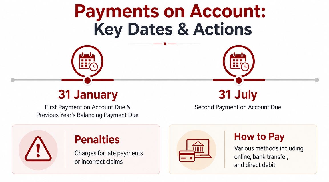 A timeline graphic showing key tax payment deadlines on January 31st and July 31st with payment information.