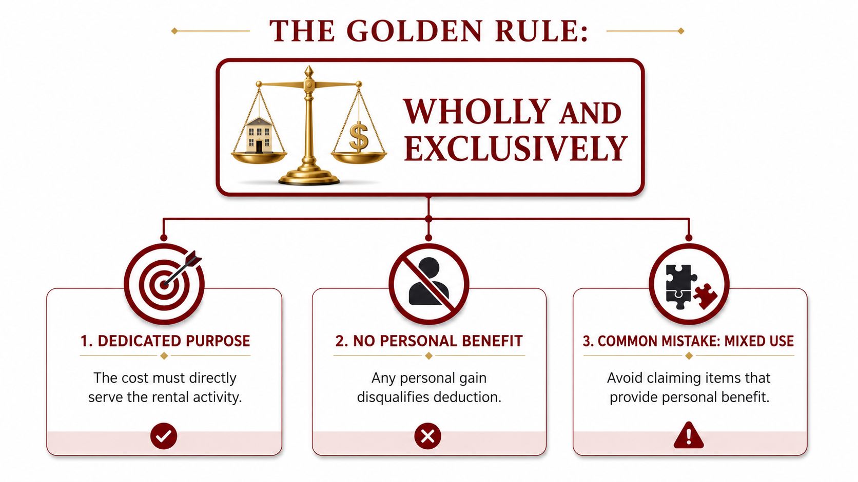 An infographic showing the golden rule for rental property expenses which must be wholly and exclusively business.