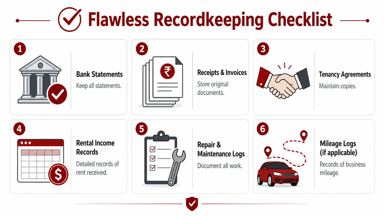 A six-point infographic titled Flawless Recordkeeping Checklist for managing rental property financial documents and receipts effectively.