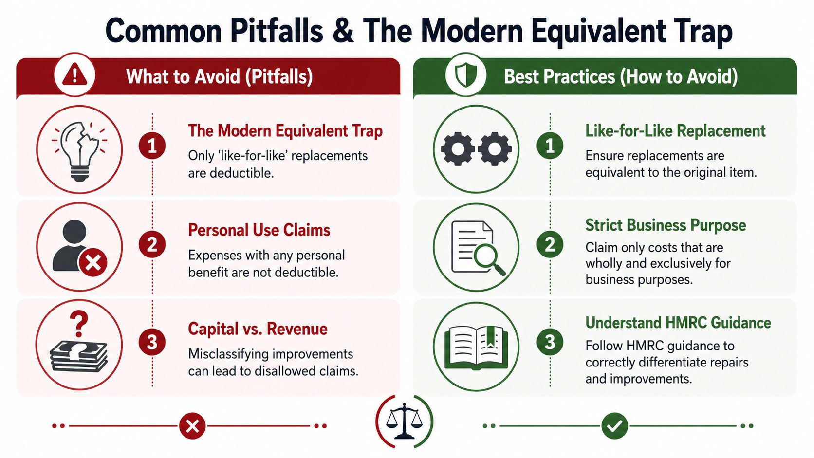 An infographic showing common tax pitfalls versus best practices for claiming business expenses and rental deductions.