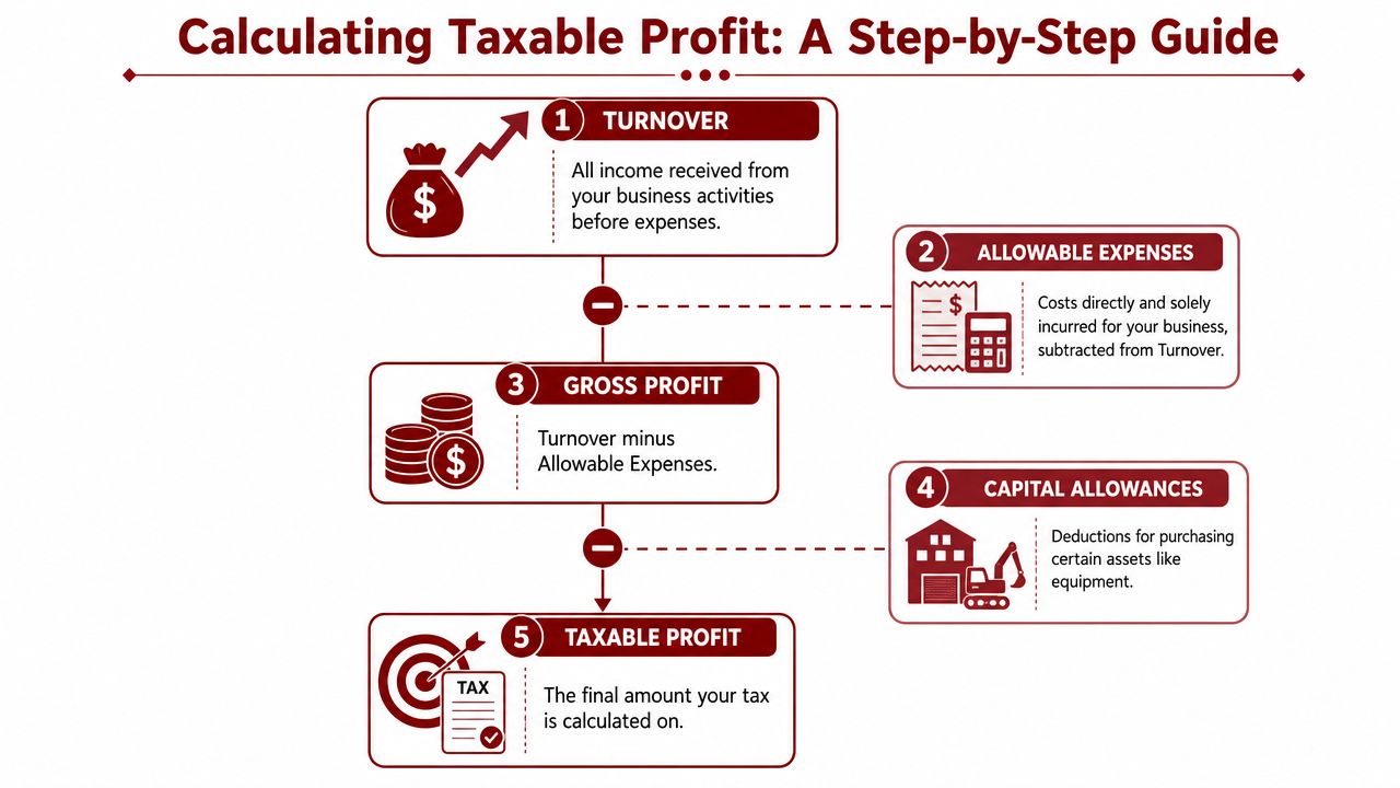 An infographic showing a step-by-step process for calculating taxable profit for a business or sole trader.