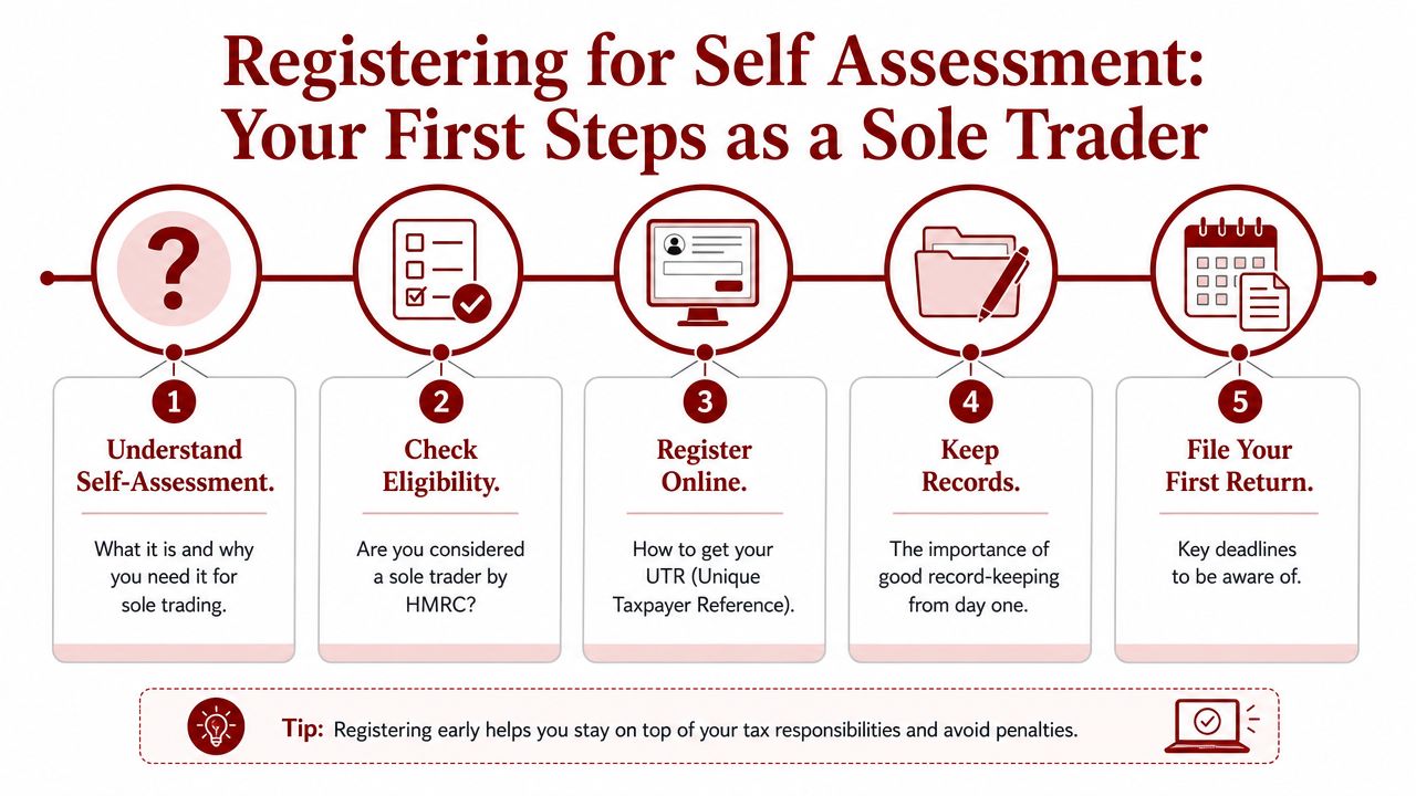 A step-by-step infographic titled Registering for Self Assessment outlining the primary responsibilities for new sole traders.
