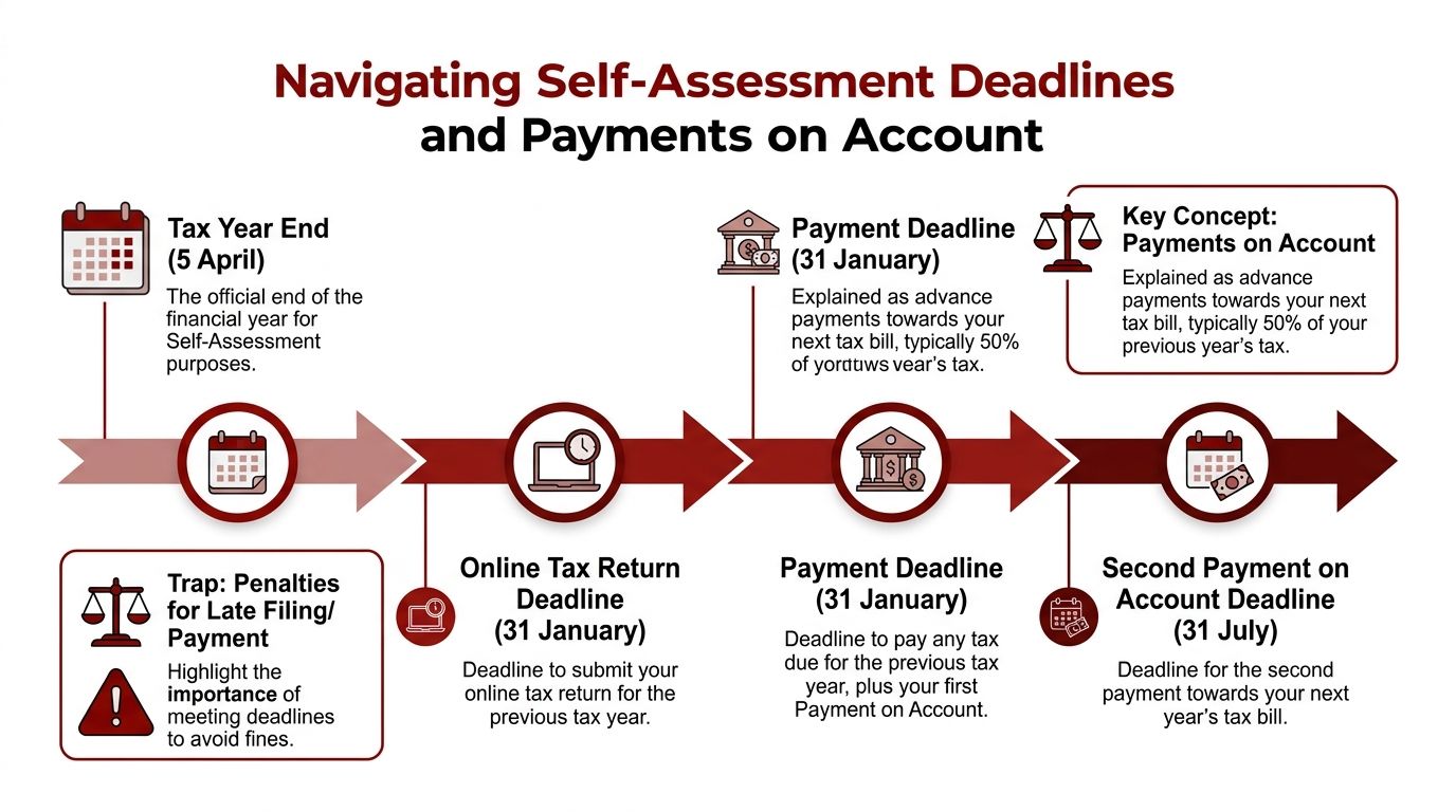 An infographic showing the Self-Assessment tax year cycle, including important deadlines, payment dates, and potential penalties.