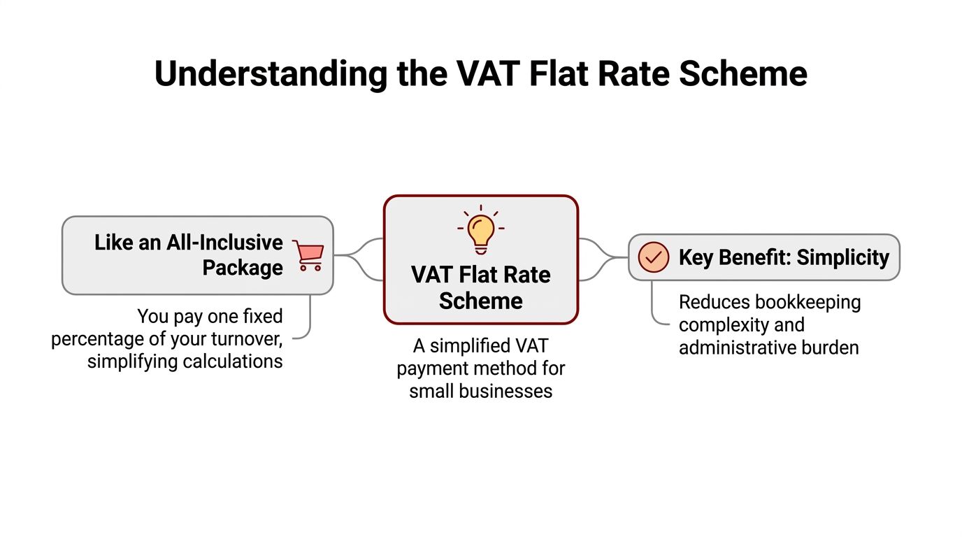 A diagram explaining the VAT Flat Rate Scheme as a simplified payment method for small businesses.