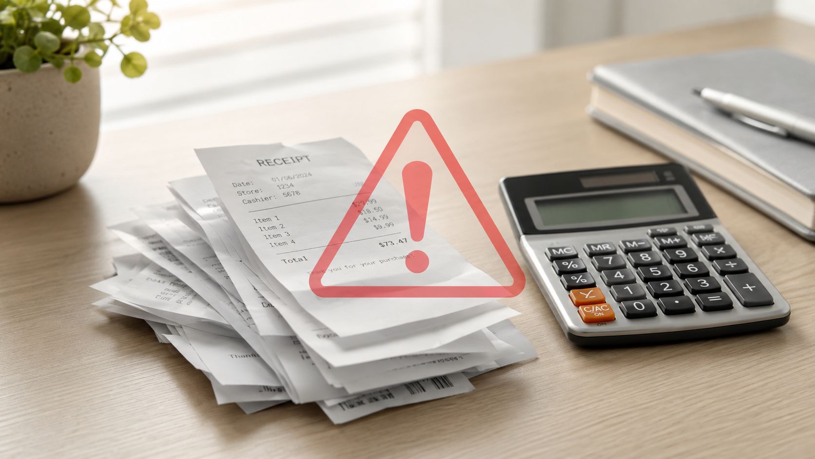 A stack of paper receipts next to a calculator on a wooden desk, symbolizing financial record keeping.