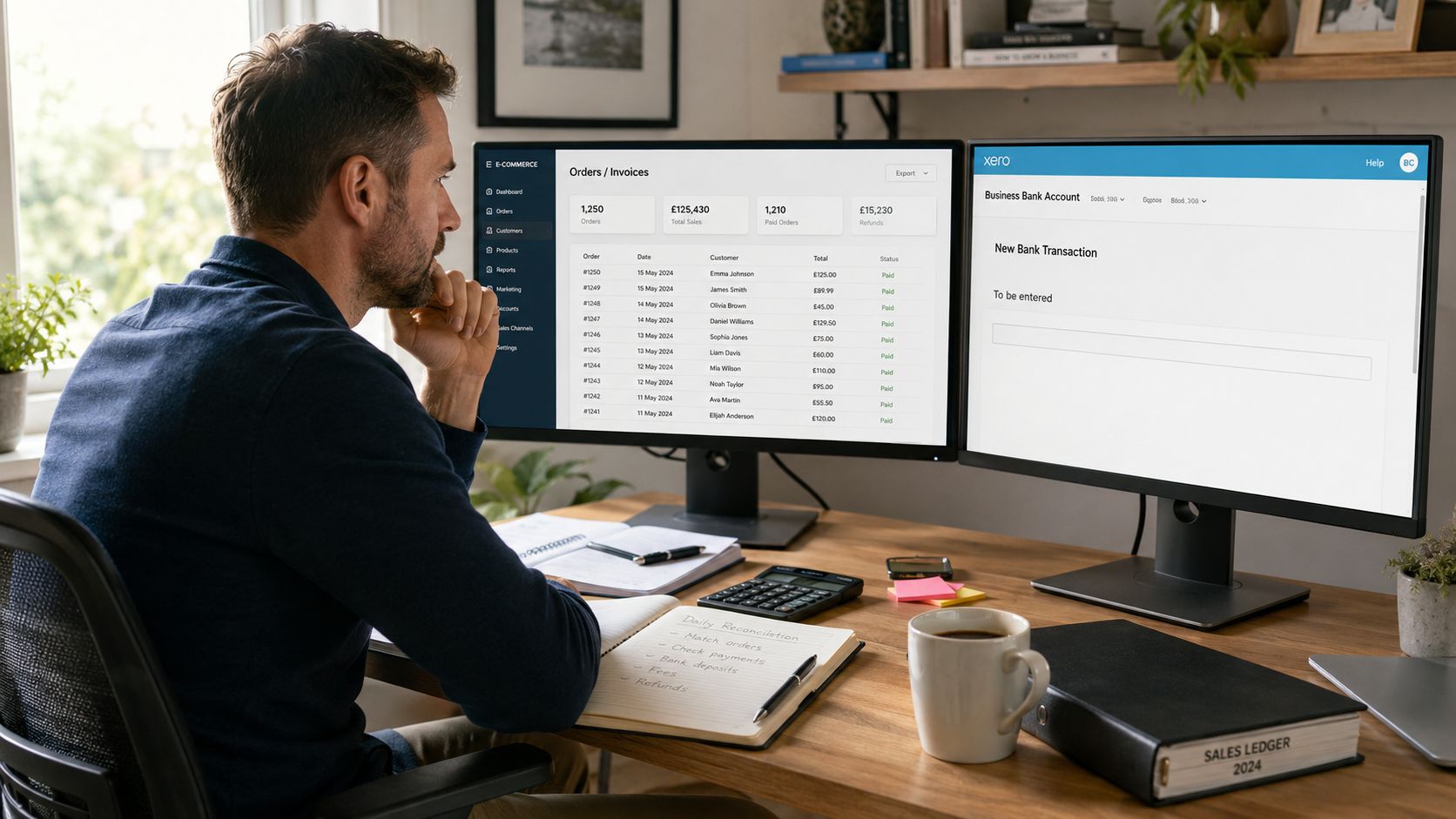 A professional man reviewing financial data on dual computer monitors at his wooden home office desk.