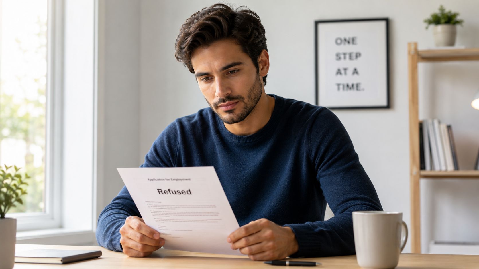 A focused man wearing a blue sweater reads an employment application marked with the word Refused.