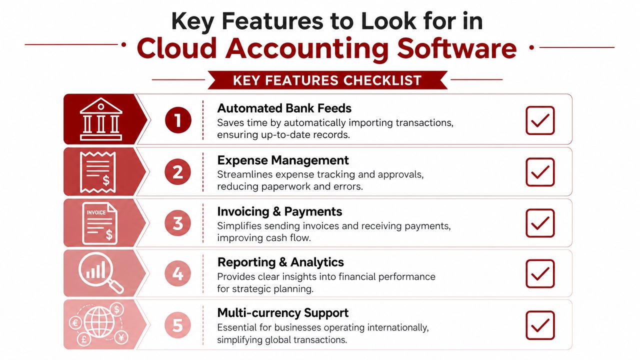 A checklist infographic listing five key features of cloud accounting software including automation, invoicing, and reporting.