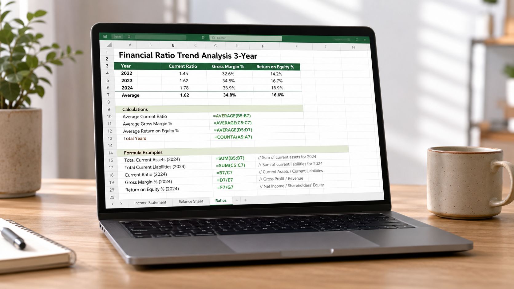 A laptop screen displaying a spreadsheet with financial ratio trend analysis data for three years.