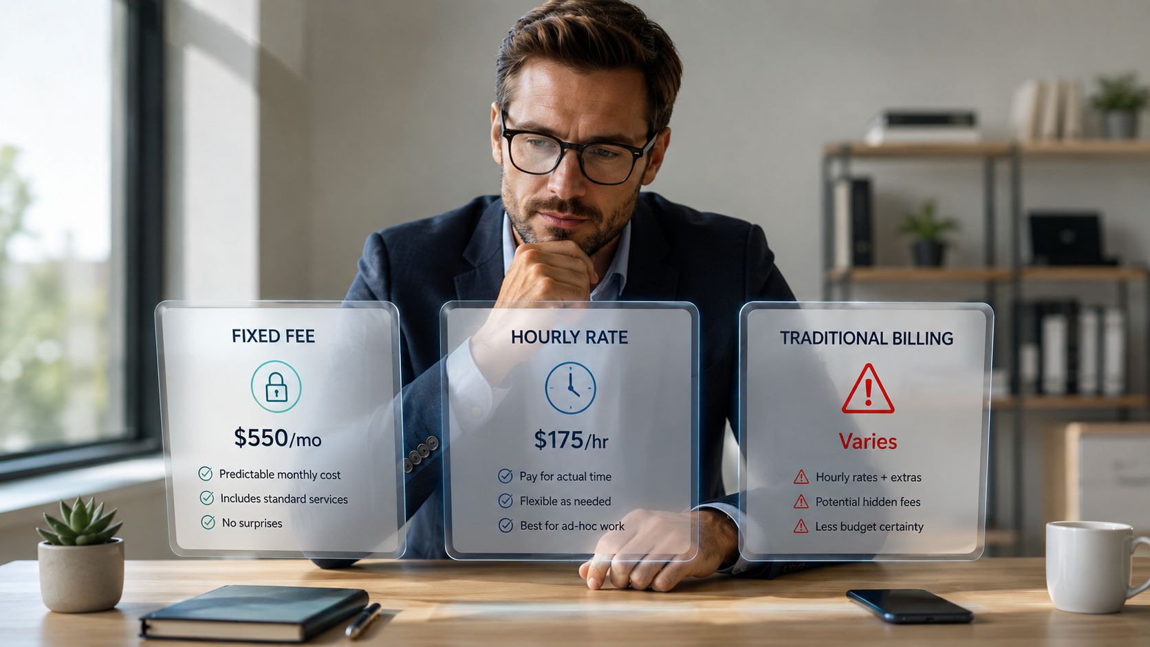 A professional man at a desk reviewing pricing models including fixed fee, hourly rate, and traditional billing options.