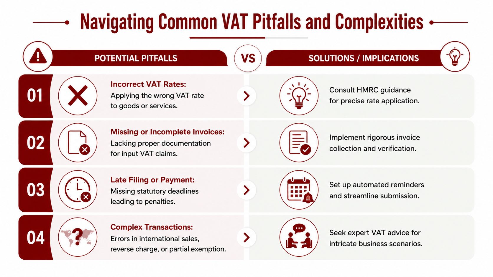 A table outlining four common VAT pitfalls and their corresponding solutions for tax compliance and business management.