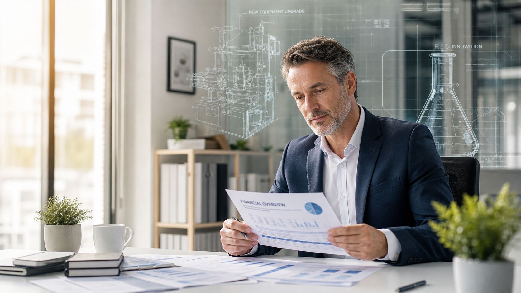 A professional man in a business suit reviewing financial documents in a modern office with tech overlays.