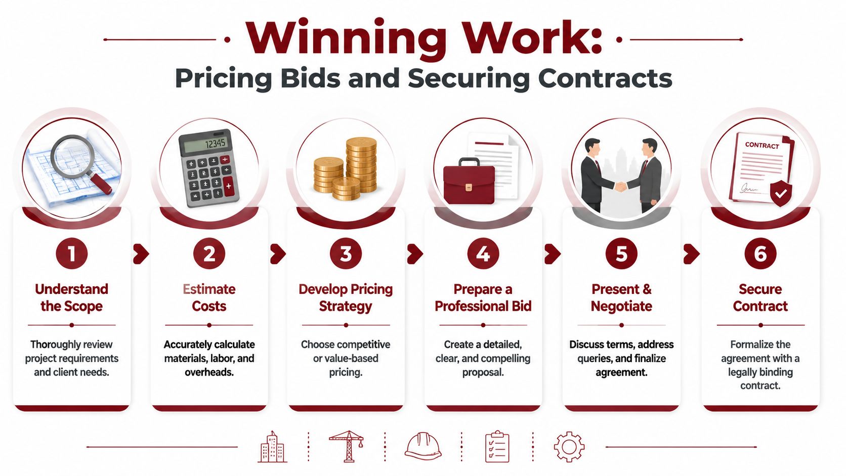 A six-step infographic illustrating the professional process for pricing bids and securing construction contracts.