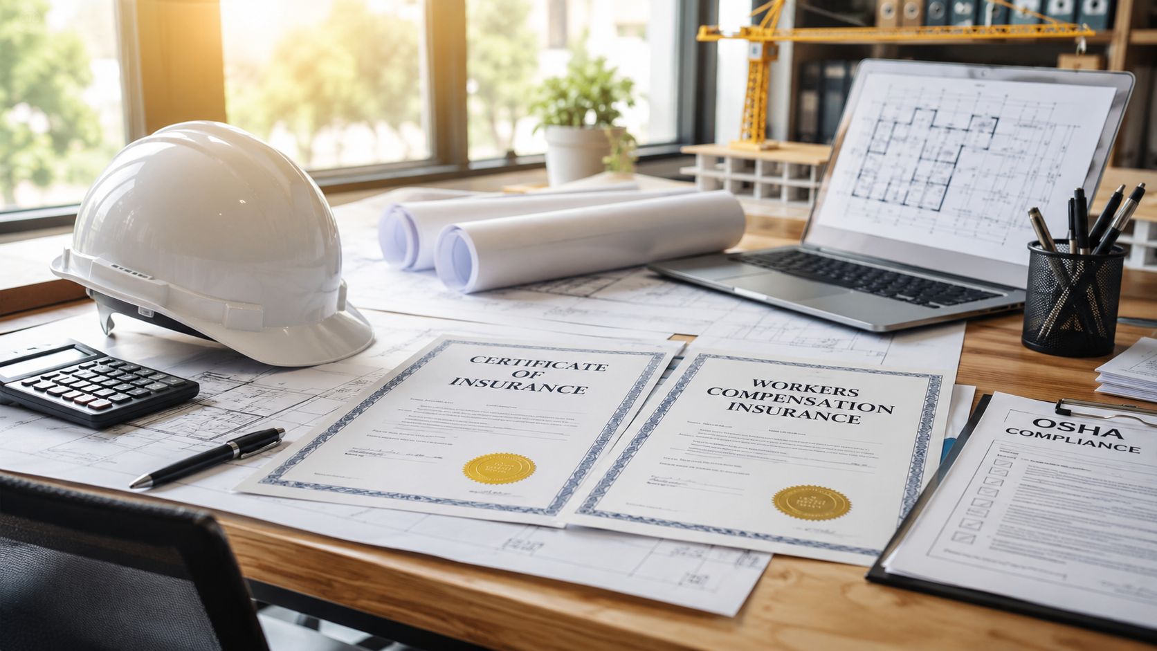 A professional construction office workspace featuring insurance documents, architectural blueprints, a hard hat, and a laptop.