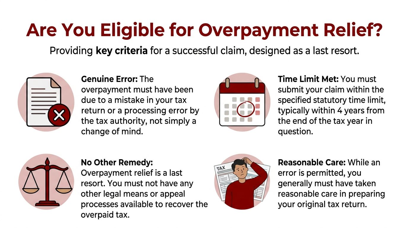An infographic detailing the four key eligibility criteria required to successfully submit an overpayment relief tax claim.