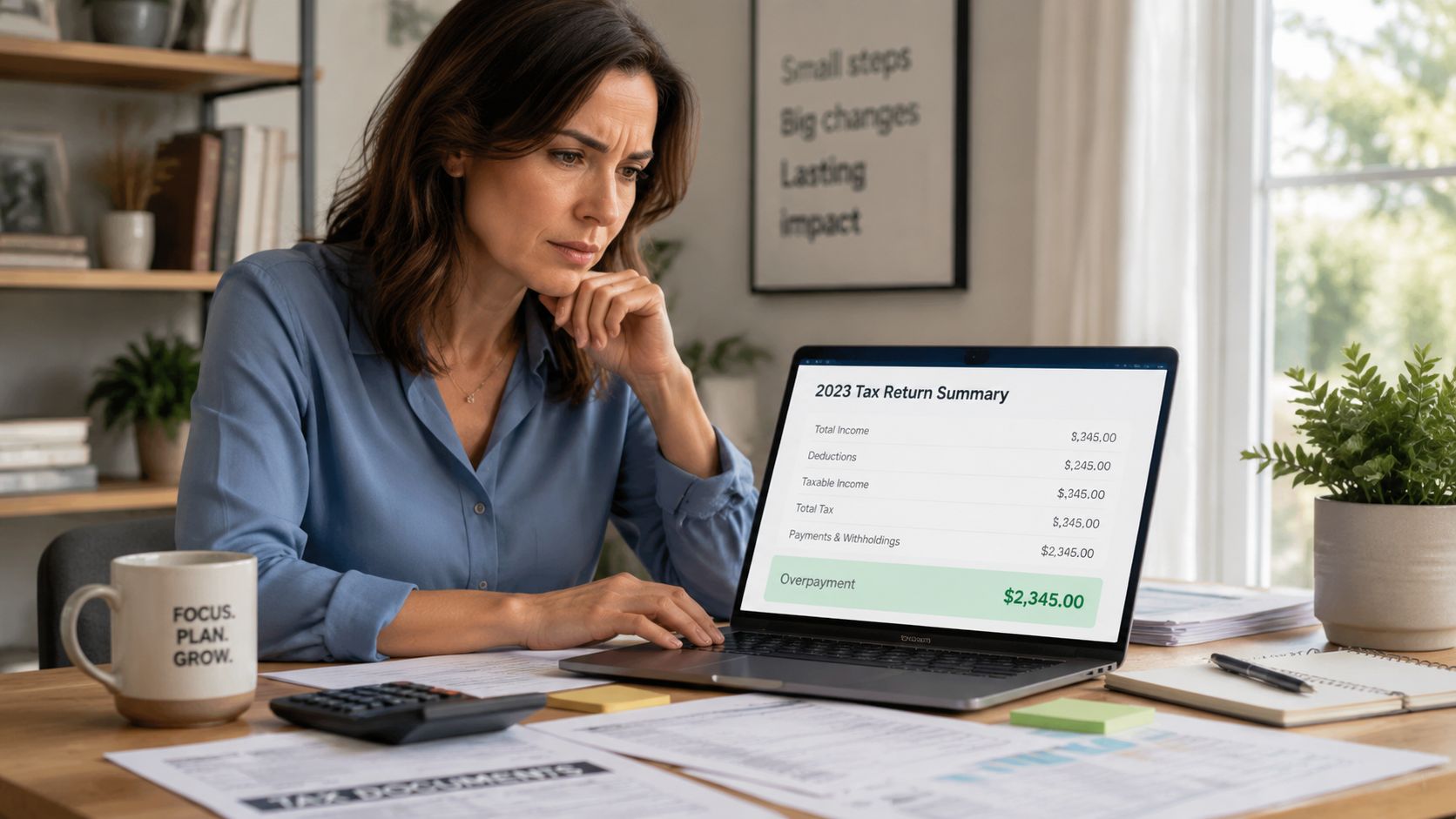 A concerned woman looks at a laptop displaying a 2023 tax return summary indicating an overpayment of money.
