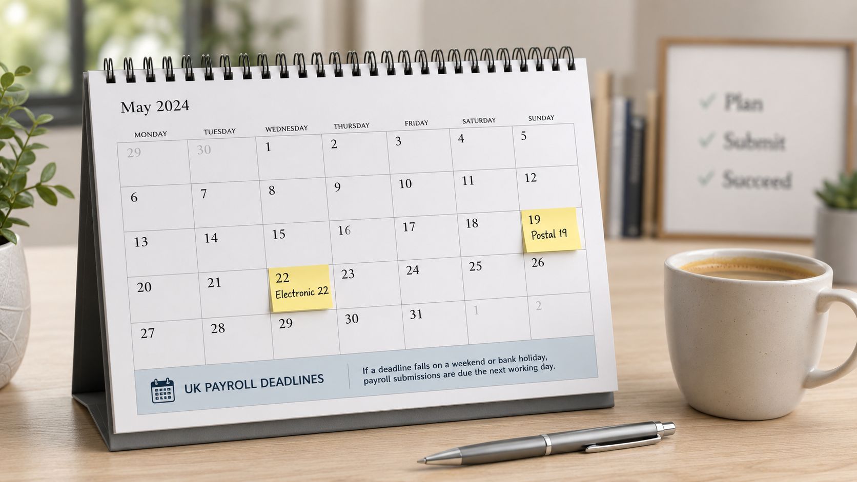 A May 2024 desk calendar showing marked payroll deadlines next to a coffee mug and a pen.