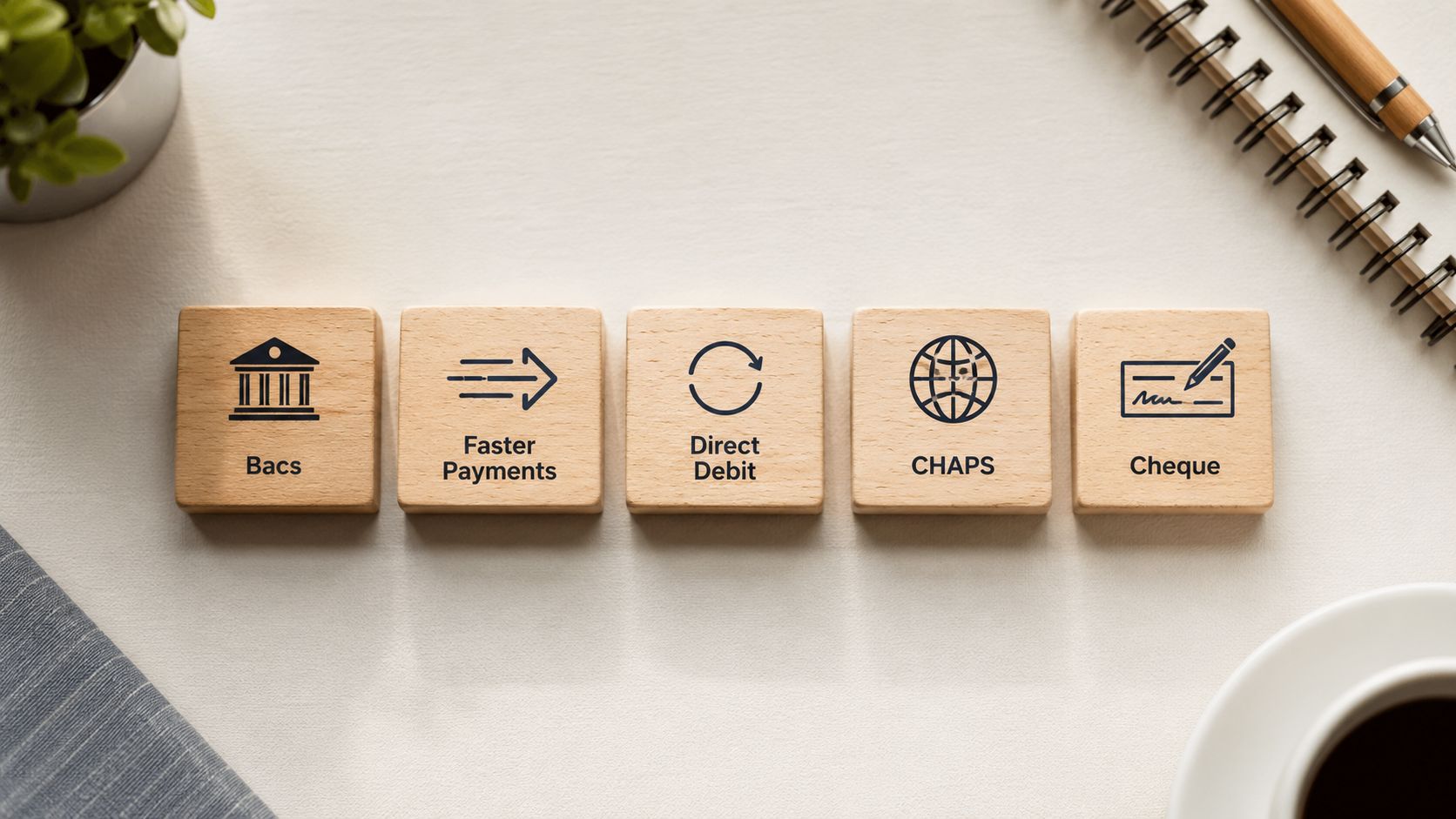 Wooden tiles displaying payment methods including Bacs, Faster Payments, Direct Debit, CHAPS, and Cheque on a desk.