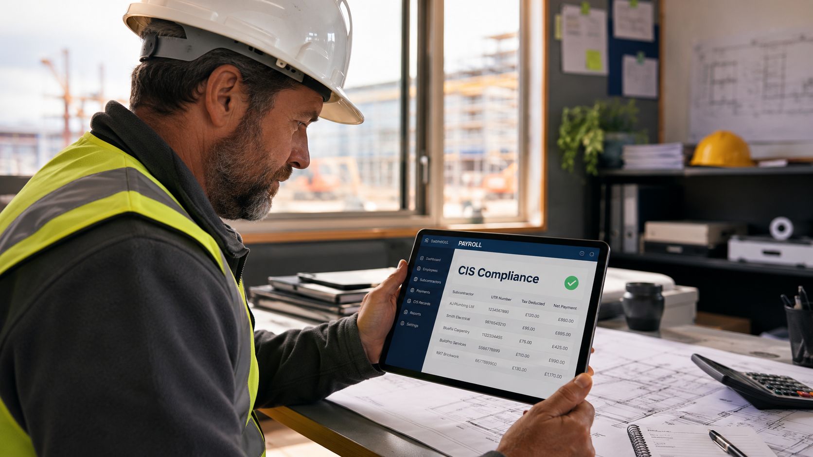 A construction worker in a hard hat and safety vest reviewing payroll data on a digital tablet.