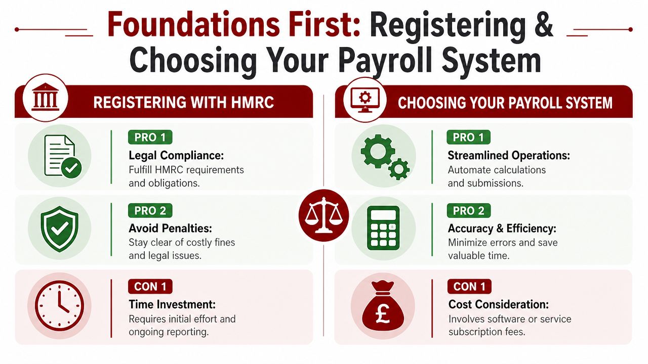 An infographic outlining the pros and cons of registering with HMRC and choosing a payroll system.
