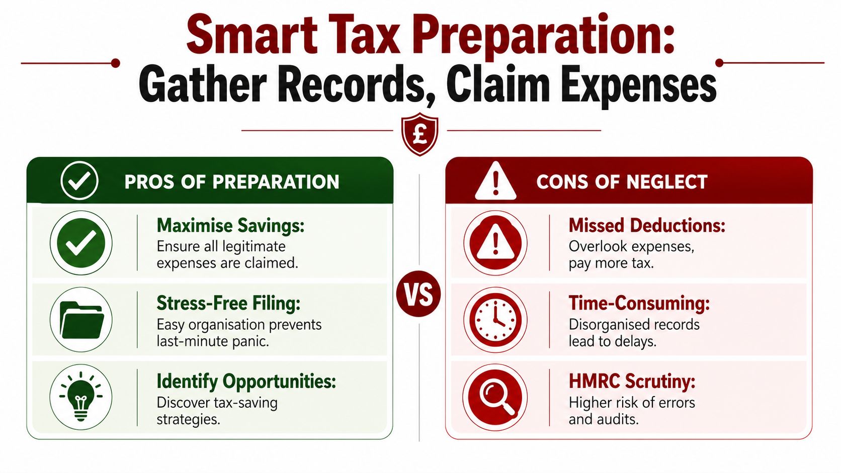 A comparison infographic showing the benefits of tax preparation versus the consequences of neglecting tax records.