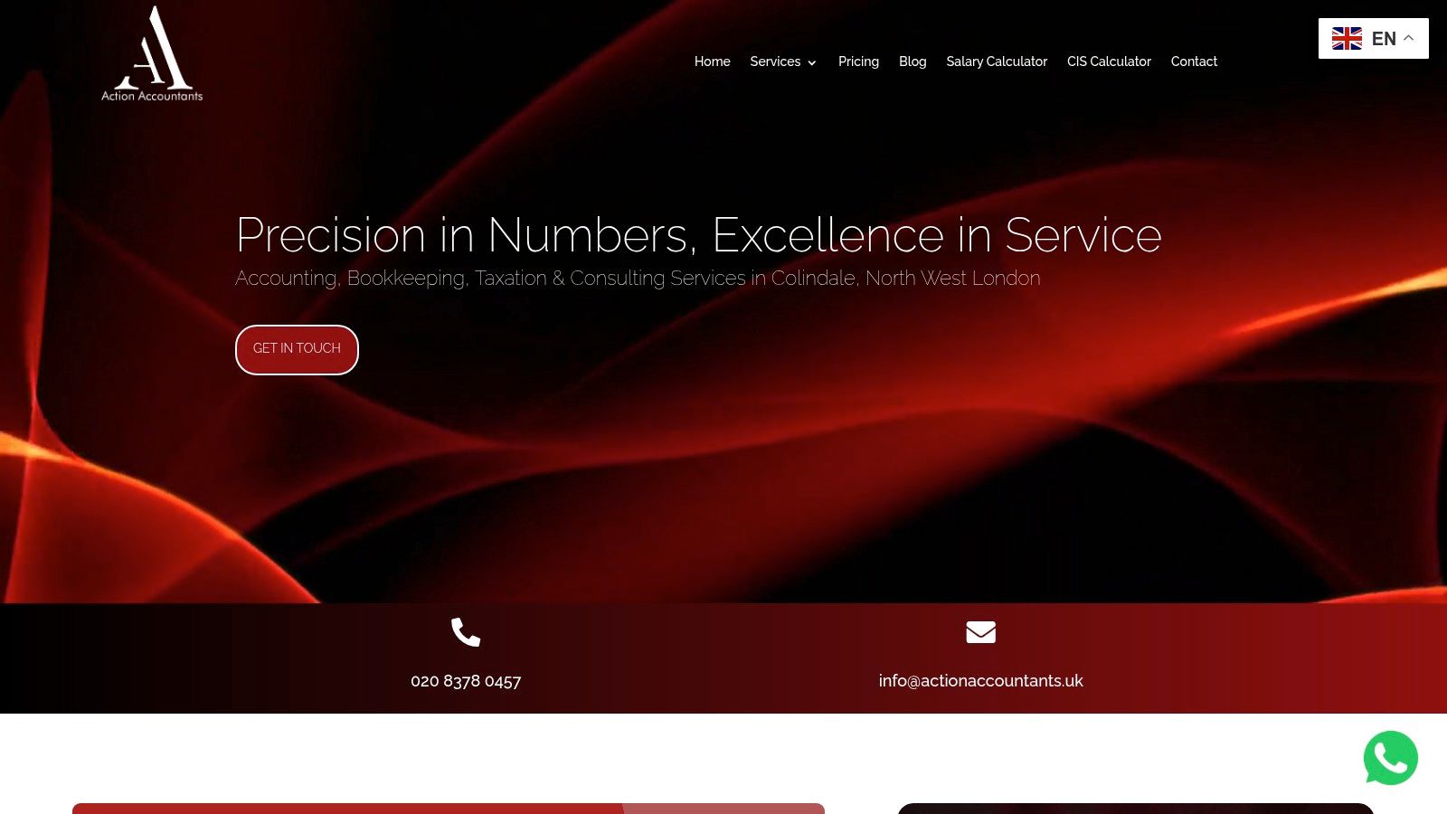 The Action Accountants website homepage showing the firm's accountancy services for UK small businesses.
