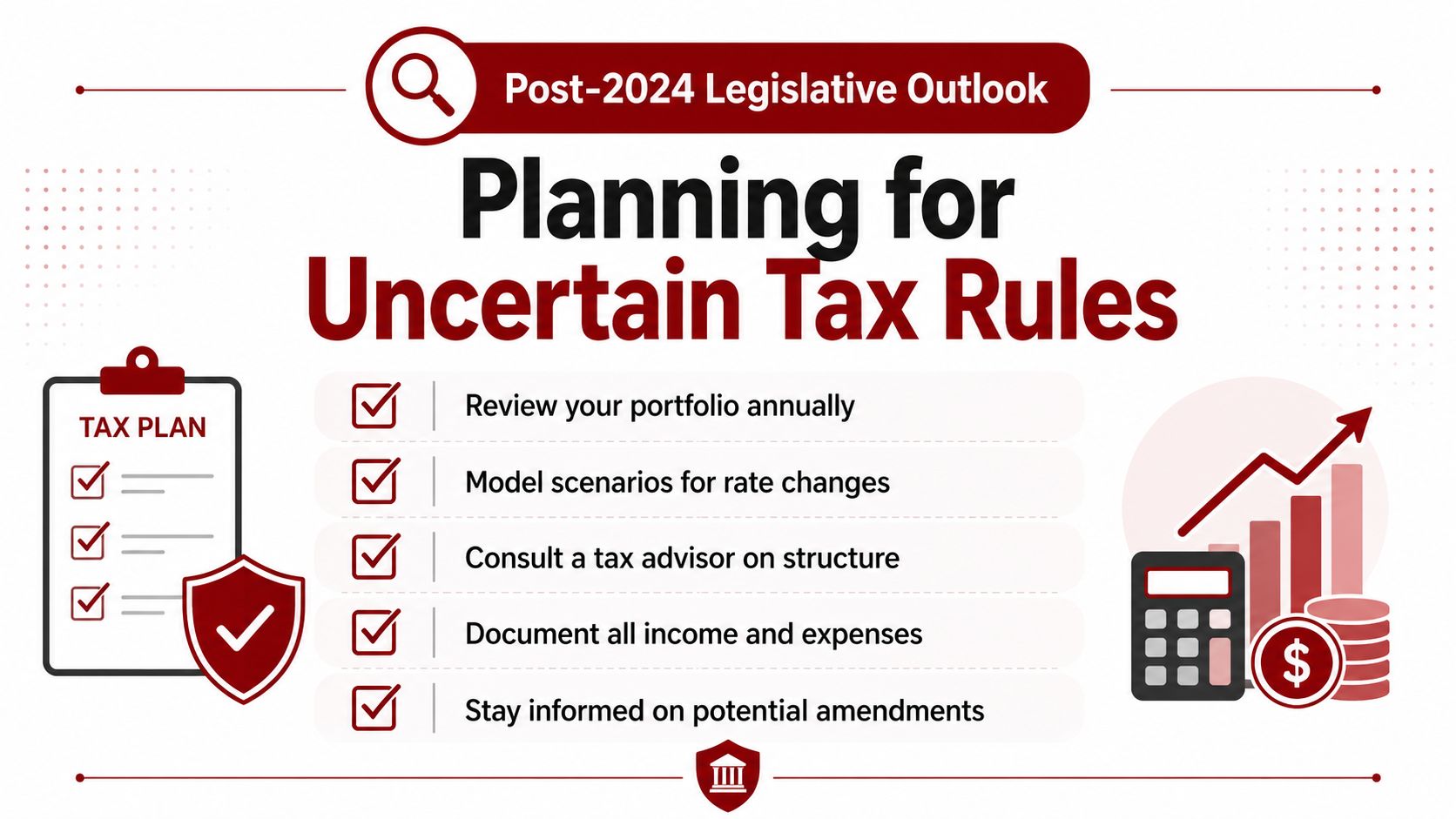A graphic titled Planning for Uncertain Tax Rules showing five steps for managing tax planning strategies.