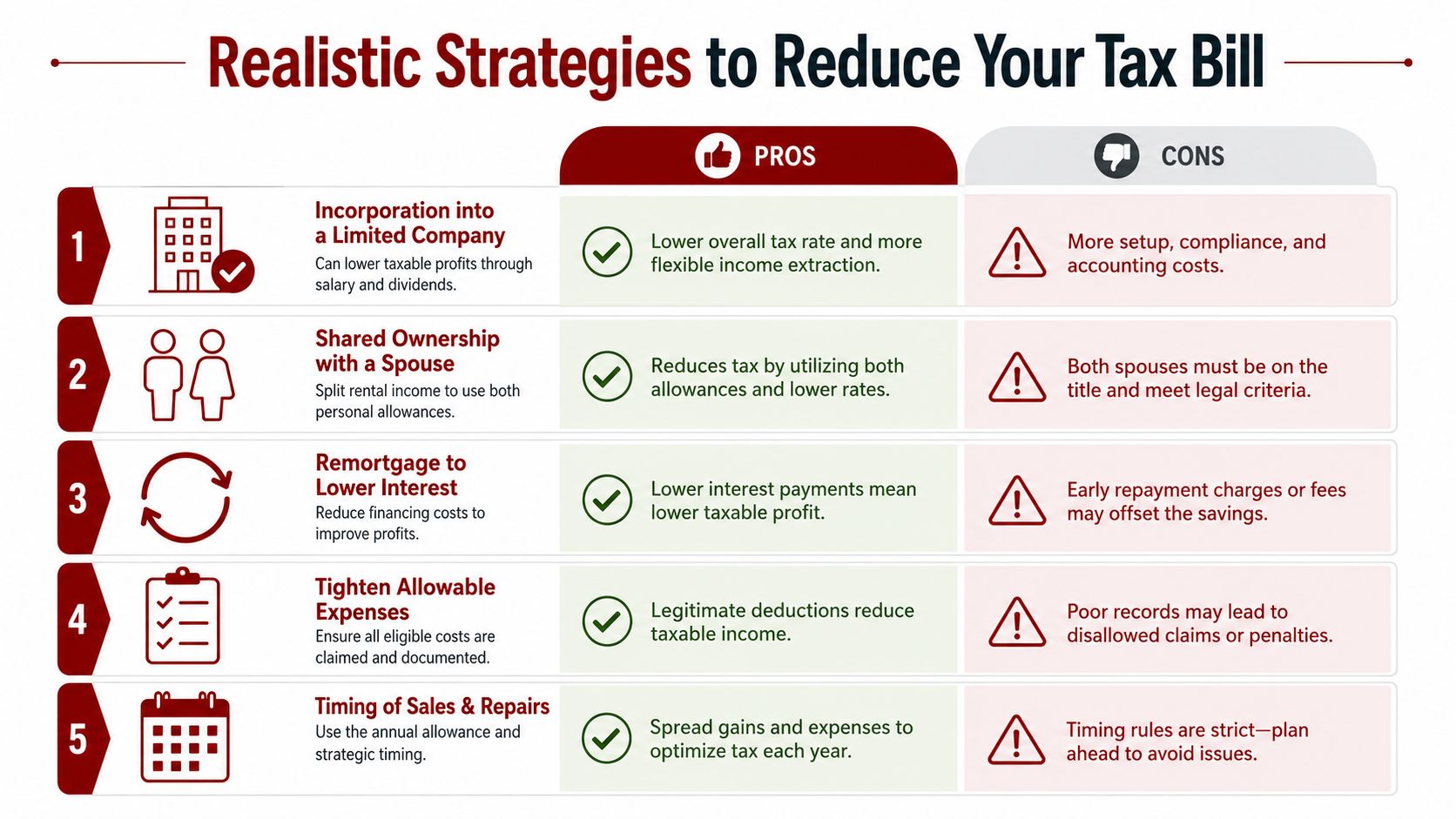 A table outlining five realistic financial strategies for property investors to legally reduce their tax bill.