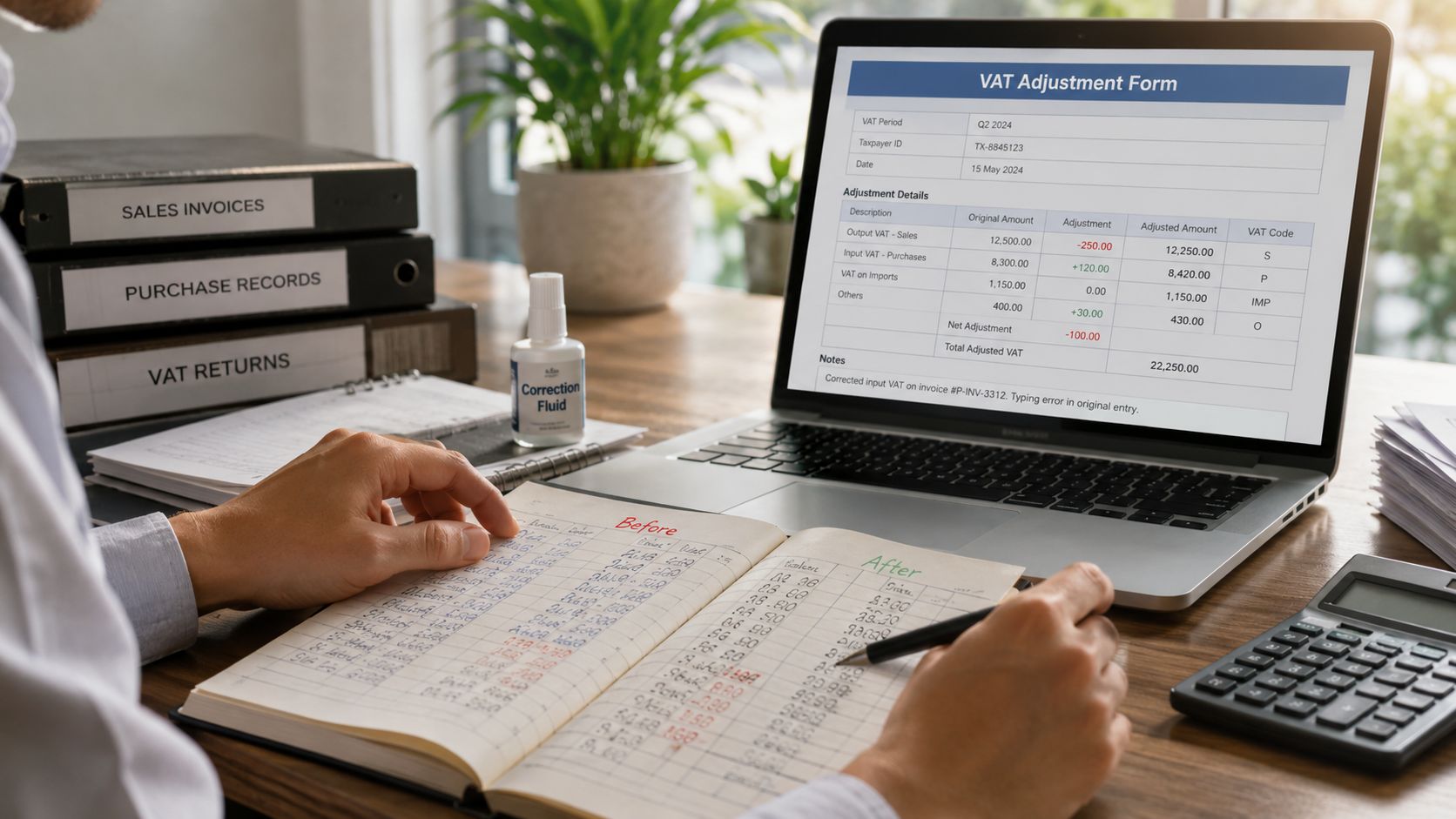A professional accountant correcting VAT adjustment errors on a laptop while comparing data in a ledger.
