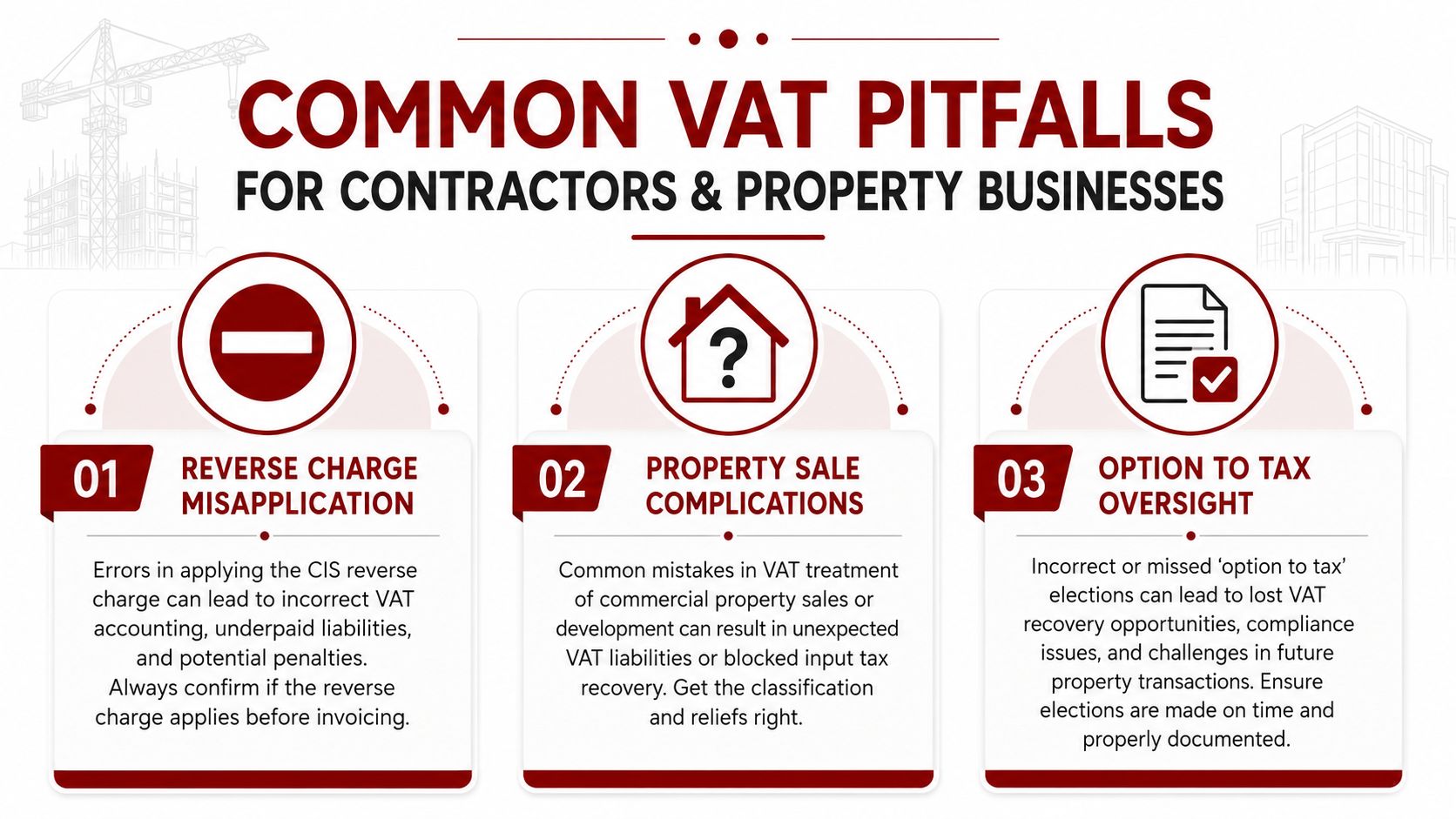 An infographic detailing common VAT pitfalls for contractors and property businesses, including reverse charges and tax options.