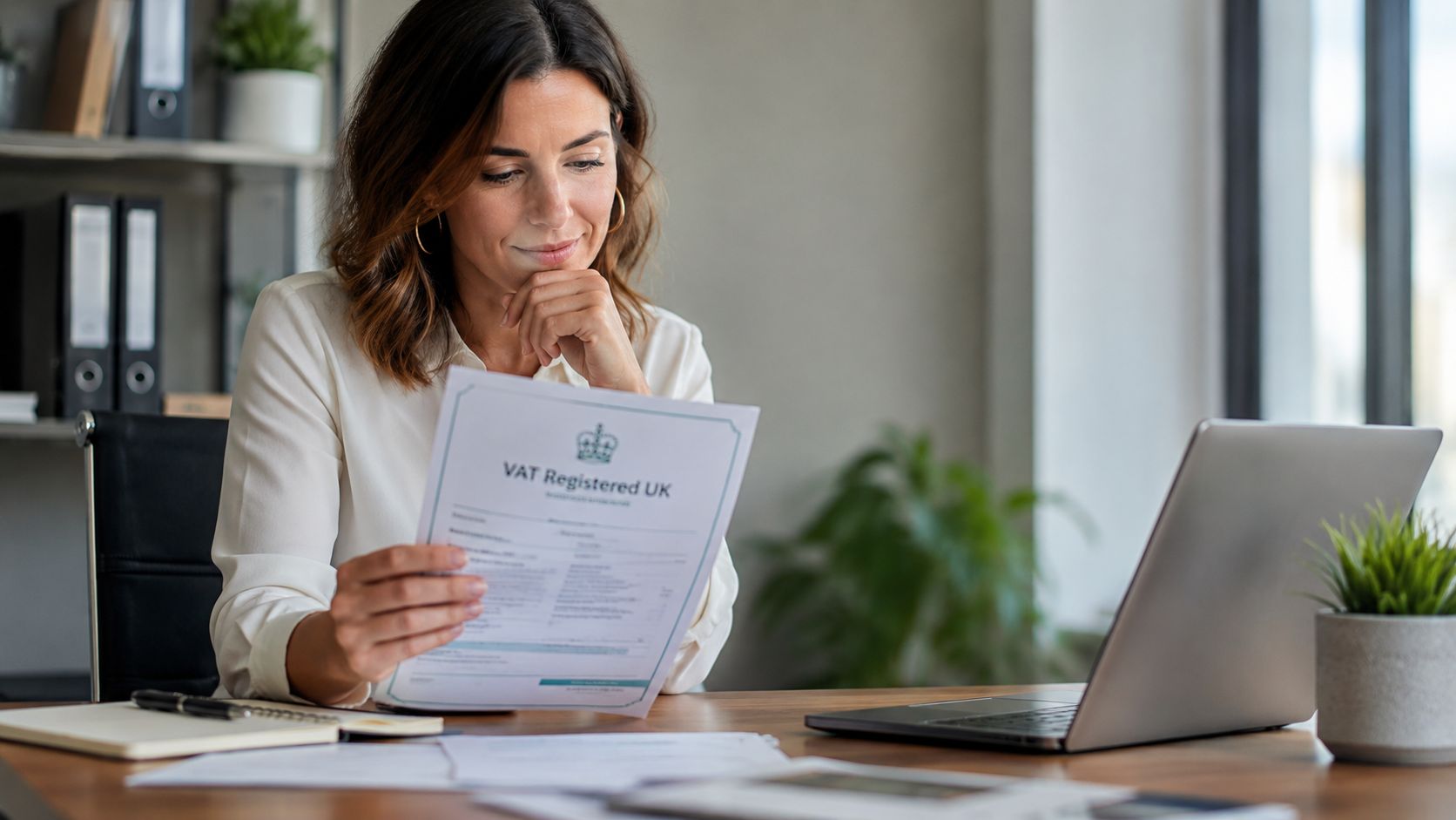 A professional woman holding a VAT Registered UK document while working at her office desk.
