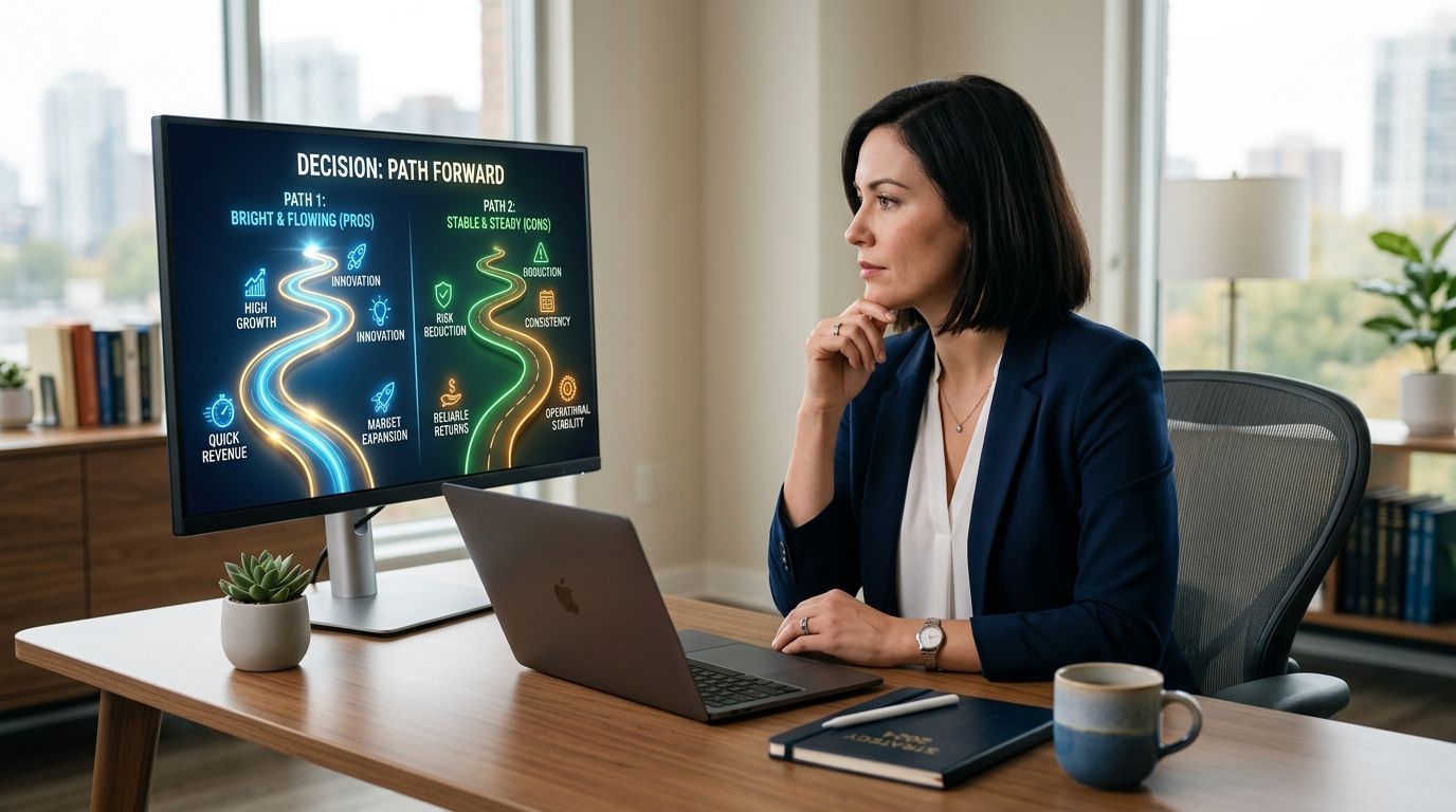 A professional woman in a business suit analyzing a strategic decision-making diagram on her computer monitor.
