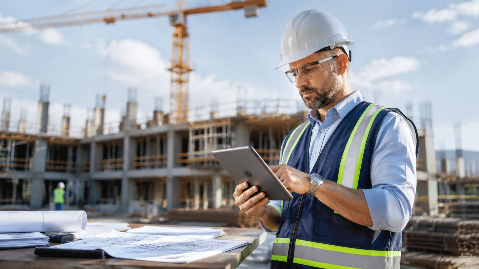 A construction manager wearing a hard hat and safety vest reviews digital plans on a tablet outdoors.