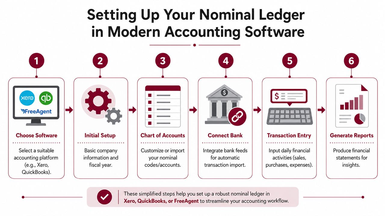 A six-step infographic guide explaining how to set up a nominal ledger in modern accounting software.