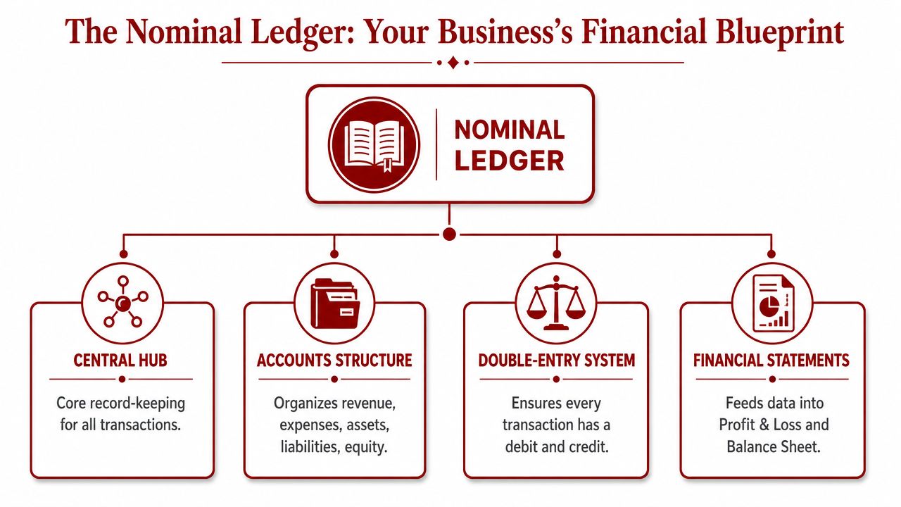 An infographic titled The Nominal Ledger explaining it as a central hub, accounts structure, double-entry system, and financial statements.