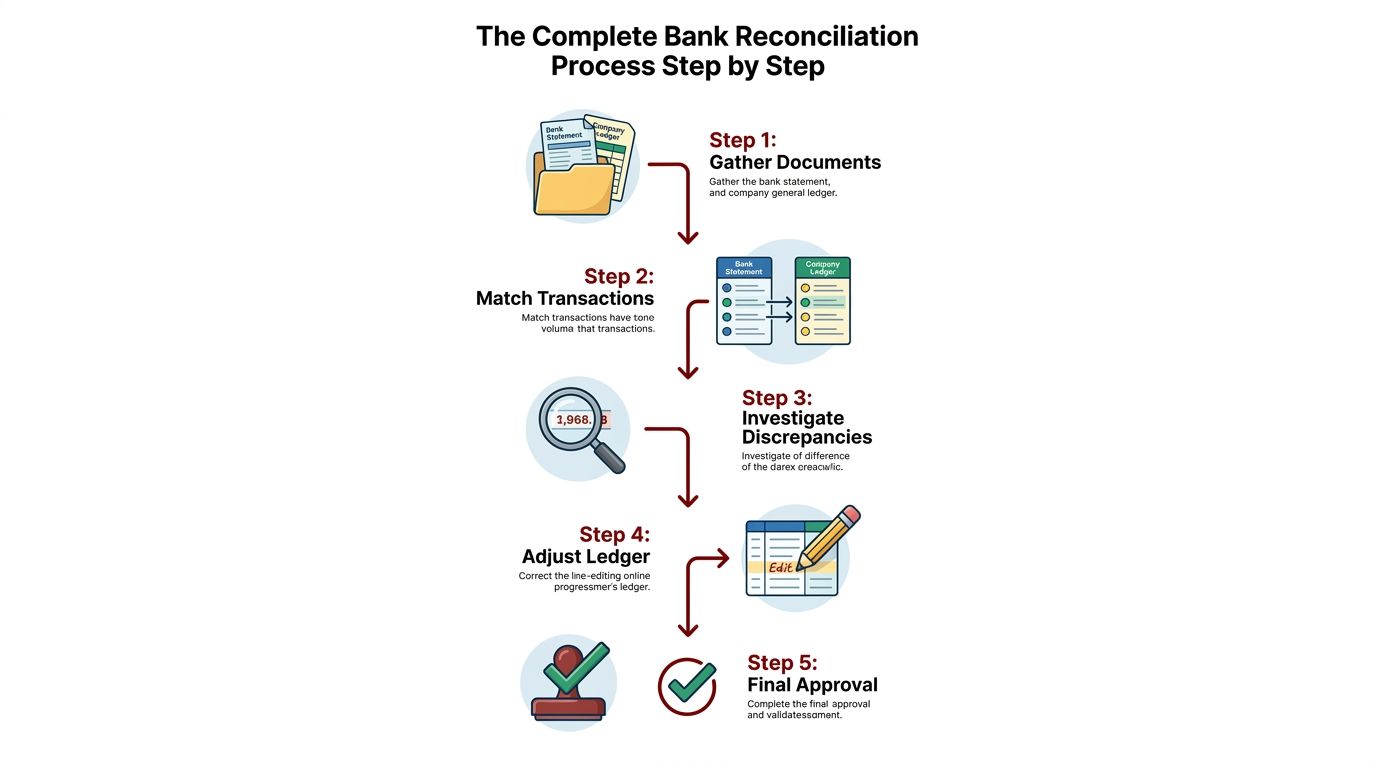 A five-step infographic illustrating the bank reconciliation process from gathering documents to final approval of financial records.