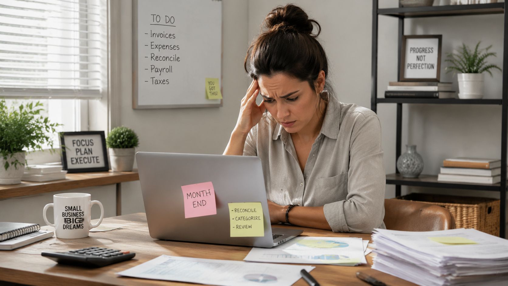 A stressed woman working at her laptop in a home office, managing business finances and accounting tasks.