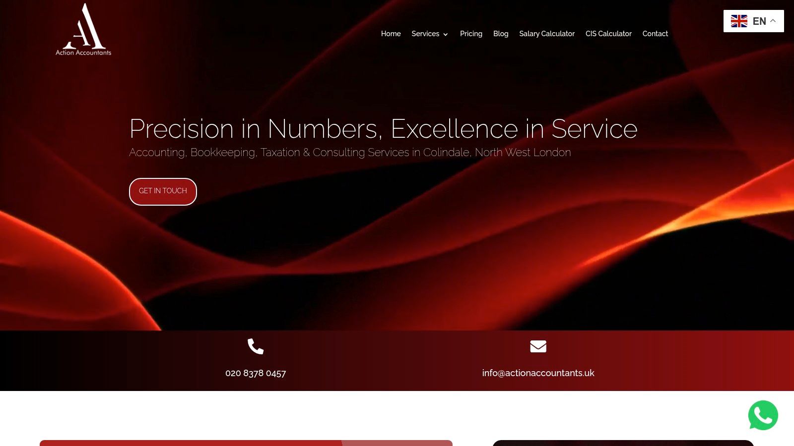 The Action Accountants website homepage showing the firm's accountancy services for UK contractors and small businesses.