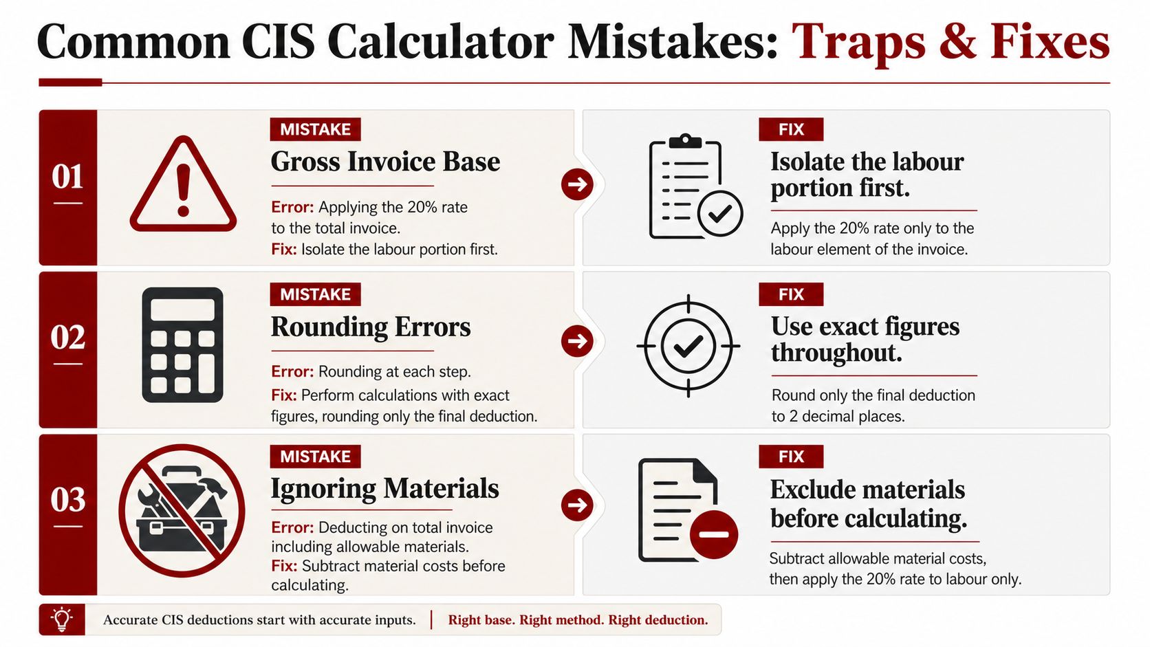 An infographic detailing common mistakes and their respective fixes when using a CIS deduction calculator.