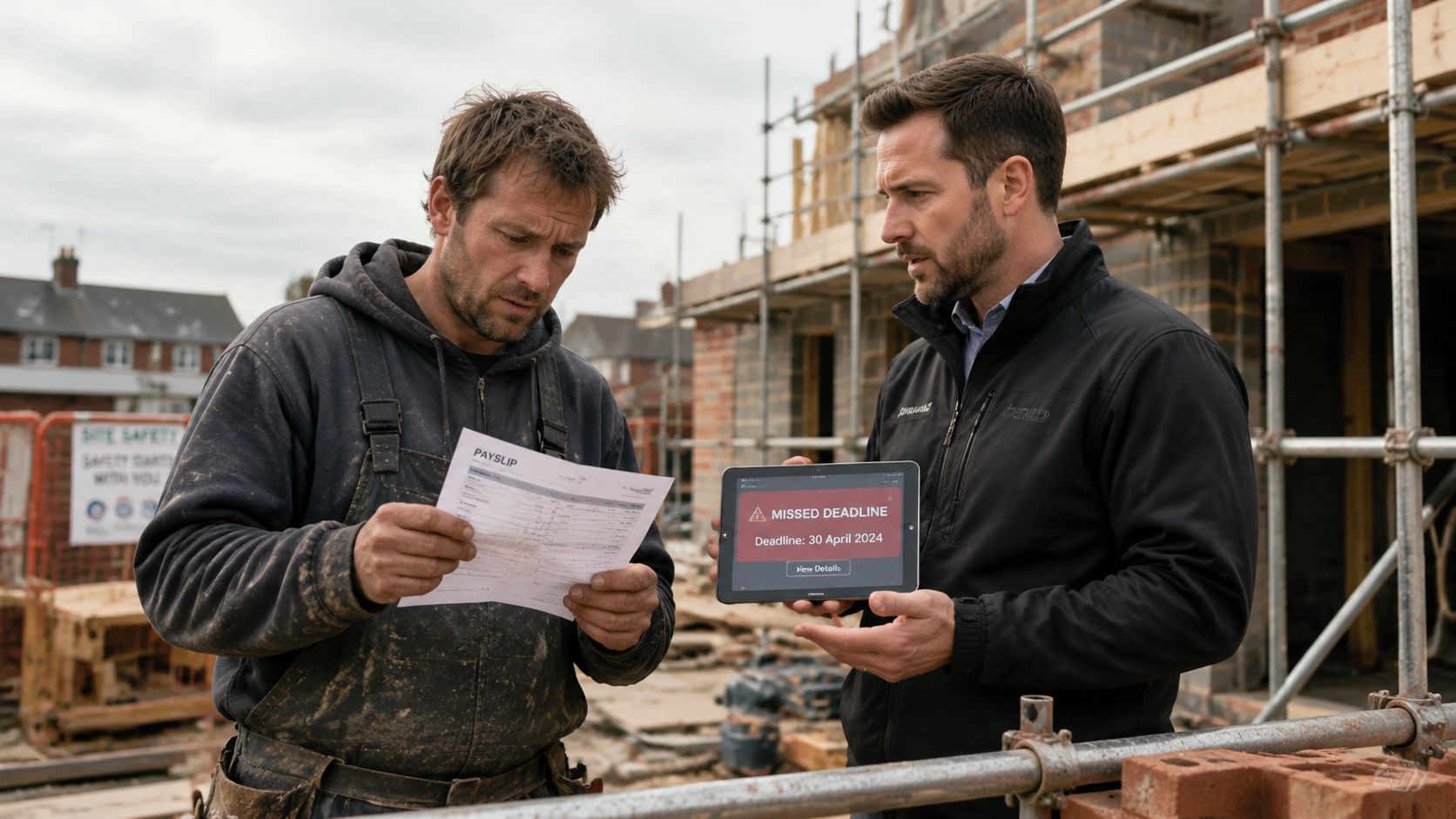 A construction manager shows a missed deadline notification on a tablet to a worker holding a payslip.