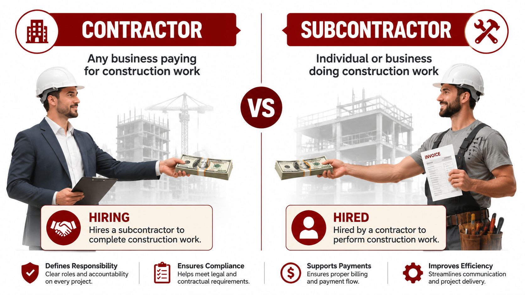 An infographic comparing the roles of a contractor and a subcontractor in a construction business relationship.