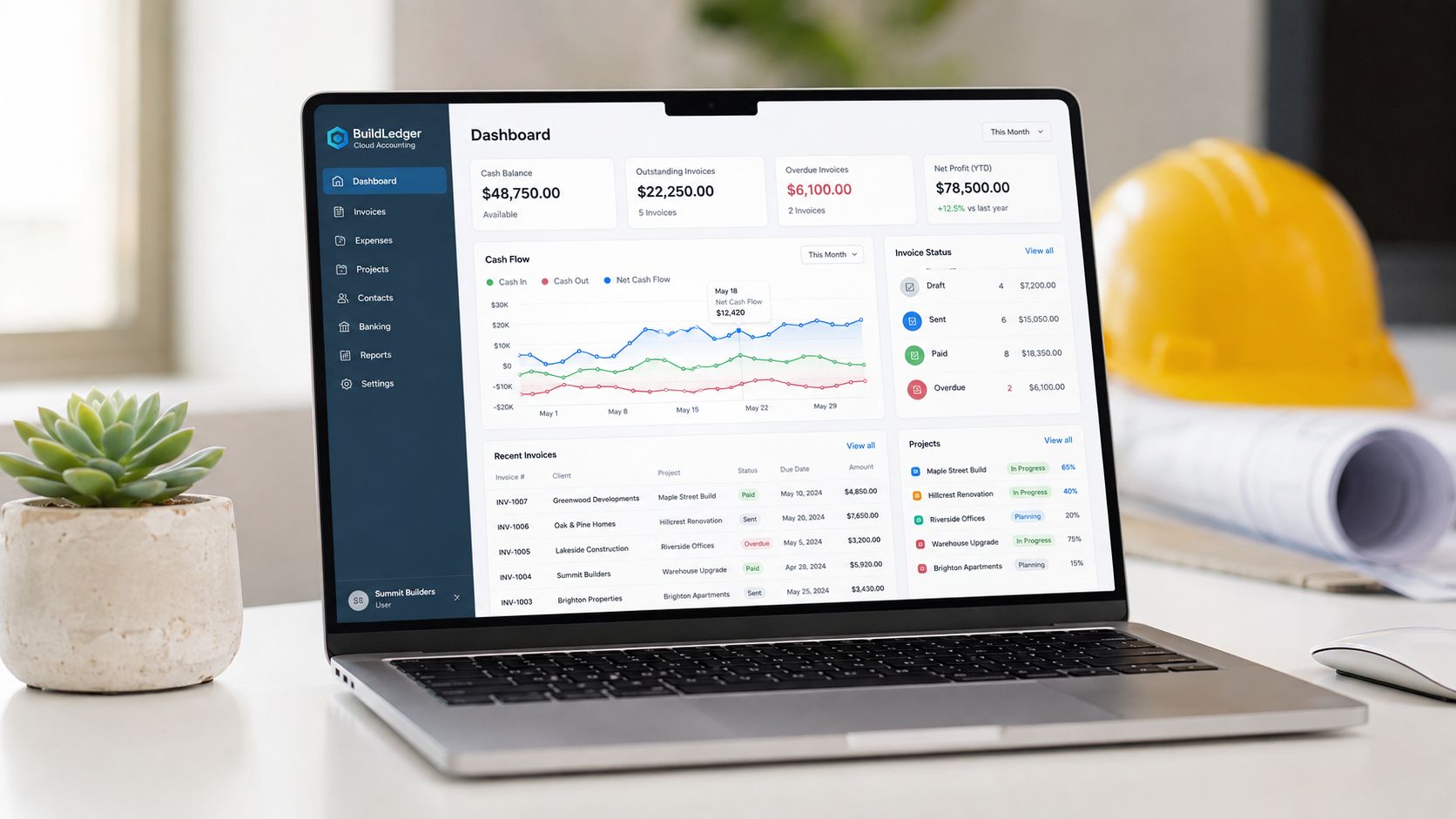 A modern laptop displaying a BuildLedger cloud accounting dashboard with financial data and project tracking analytics.