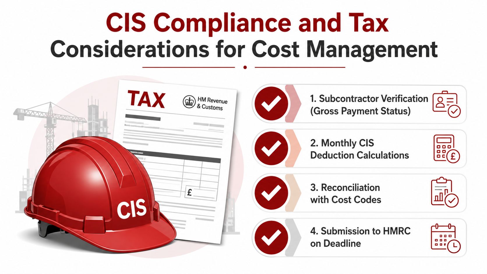 An infographic illustrating four key steps for CIS compliance and tax considerations in construction cost management.