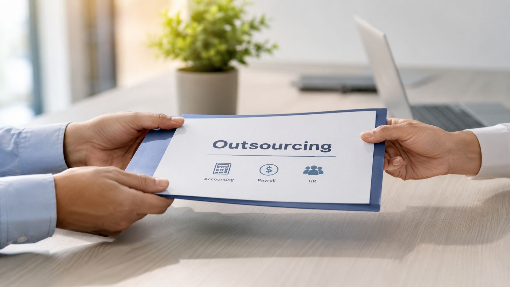 Two business professionals exchanging a document folder labeled Outsourcing containing icons for accounting, payroll, and human resources.