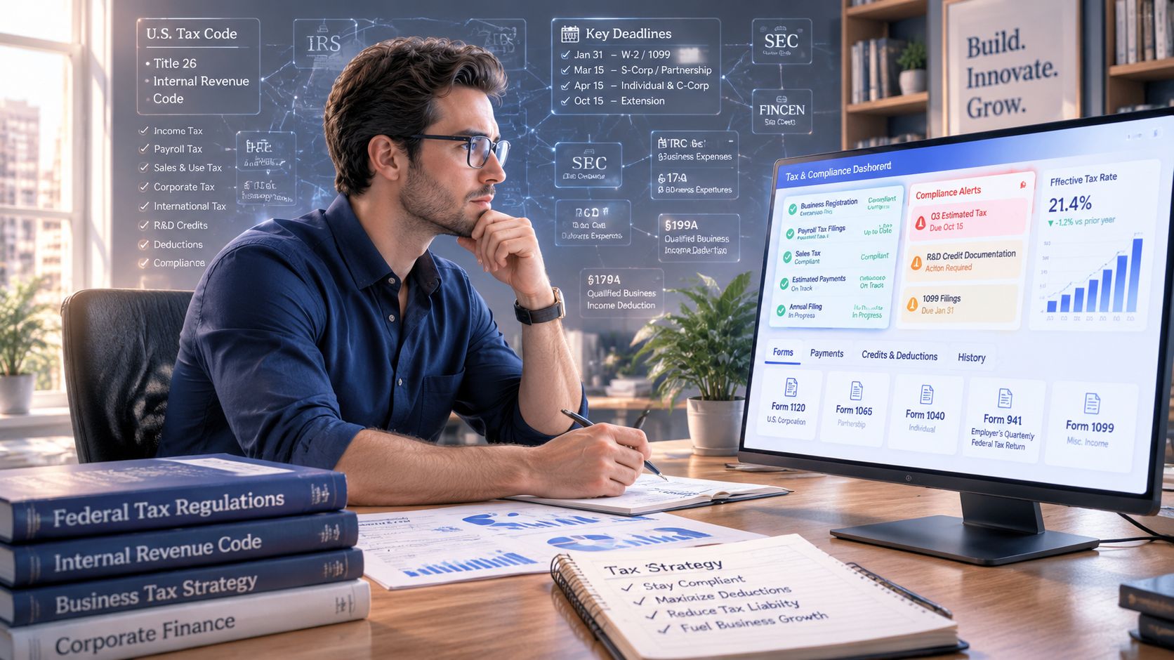 A professional analyzing corporate tax compliance and financial strategy at a computer workstation with business reference books.