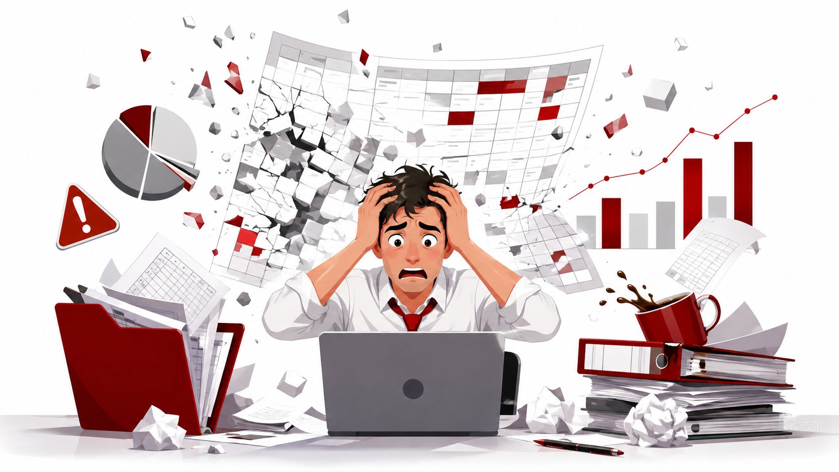 A stressed office worker clutching his head while surrounded by chaotic paperwork and shattering digital charts.