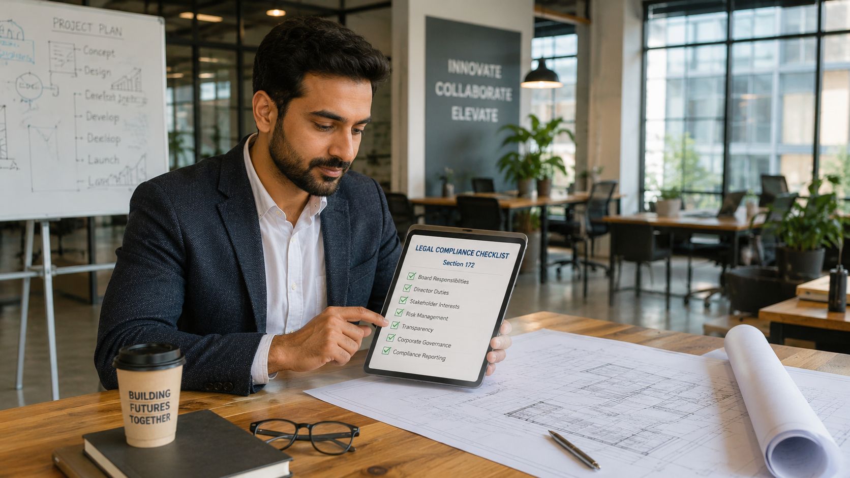 A professional man holding a tablet displaying a legal compliance checklist for Section 172 in an office.